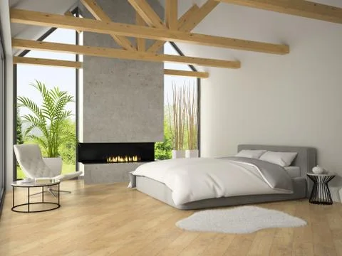 Interior of bedroom with fireplace 3D rendering Stock Illustration