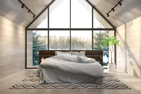 Interior bedroom of a forest house 3D rendering Stock Illustration