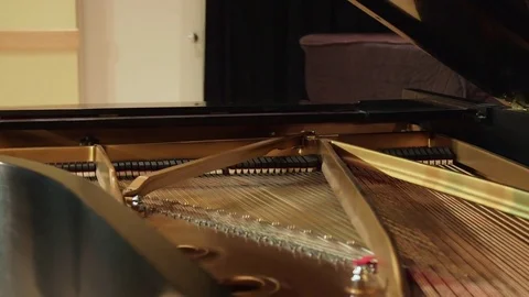 Interior of Black Grand Piano with Strings - Pan Video stock 81885247