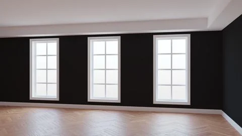 Interior with Black Walls, Three Large Windows, Light Glossy Herringbone Parquet Stock Illustration