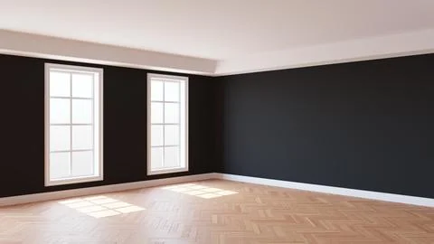 Interior with Black Walls, Two Windows, White Ceiling and Cornice, Glossy Stock Illustration