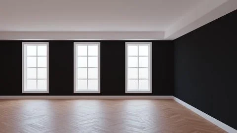 Interior with Black Walls, White Ceiling and Conrnice, Three Large Windows Stock Illustration