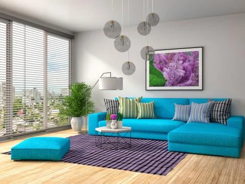 Interior with blue sofa. 3d illustration Stock Illustration