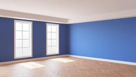 Interior with Blue Walls, Two Windows, White Ceiling and Cornice Stock Illustration