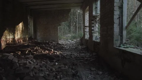 Interior of a bomb-damaged brick building Stock Footage 306618154