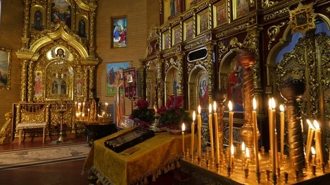Interior of Boris and Gleb Cathedral Theodosius Day Chernihiv Candles in Front Stock Footage 71634965