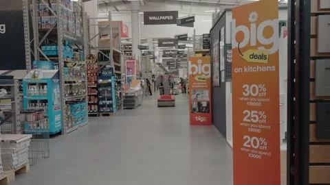 Interior of a B+Q Home Improvement Store with Customers and Sale Signage Video stock 334504659