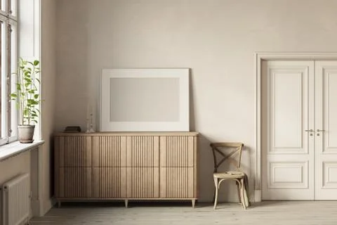 Interior of a bright room with a blank horizontal poster on a wooden commode. Illustrazione stock