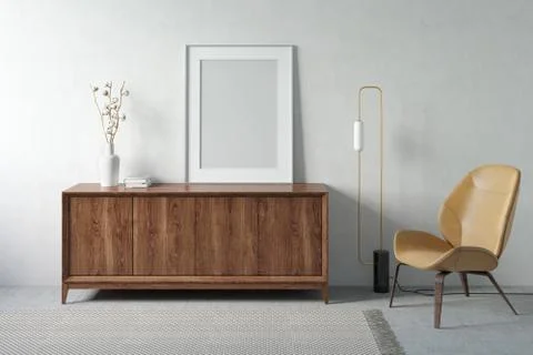 Interior of a bright room with a vertical poster on a wooden commode. 3d render Illustrazione stock
