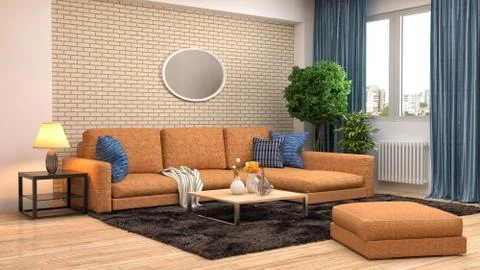 Interior with brown sofa. 3d illustration Stock Illustration