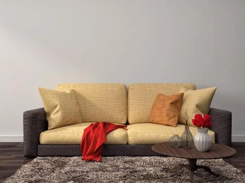 Interior with brown sofa. 3d illustration Stock Illustration