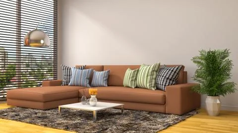 Interior with brown sofa. 3d illustration Stock Illustration