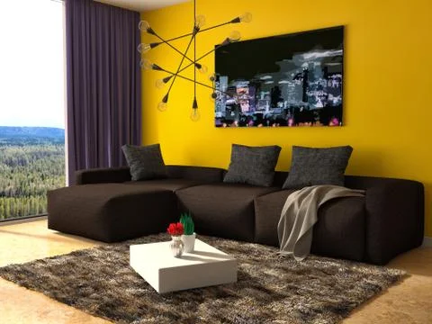 Interior with brown sofa. 3d illustration Stock Illustration