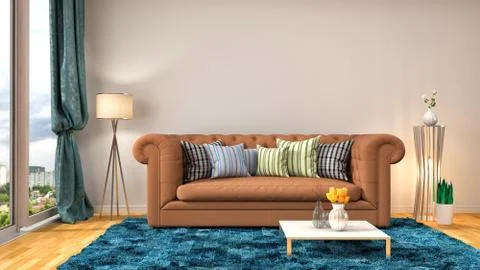 Interior with brown sofa. 3d illustration Stock Illustration