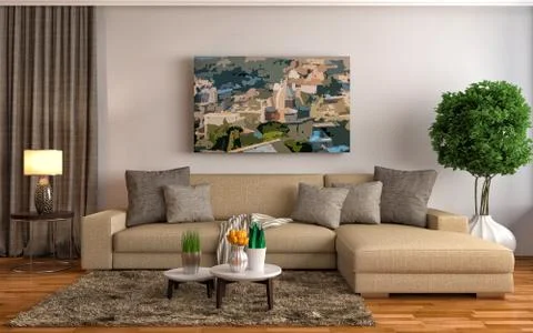 Interior with brown sofa. 3d illustration Stock Illustration