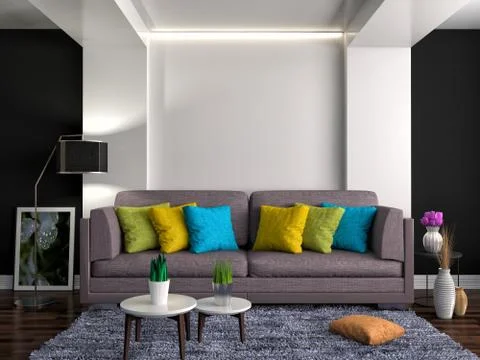 Interior with brown sofa. 3d illustration Stock Illustration