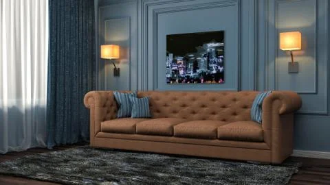 Interior with brown sofa. 3d illustration Stock Illustration