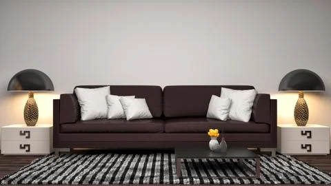 Interior with brown sofa. 3d illustration Stock Illustration