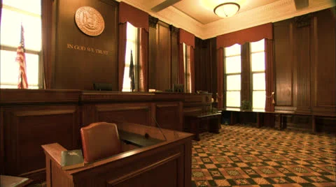 Interior of Buffalo, NY courtroom judges panel Zoom to Holy Bible HD Video Stock Footage
