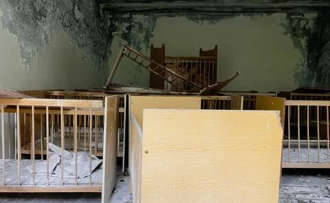 The interior of a building destroyed after hostilities, fires and accidents in Stock Photos