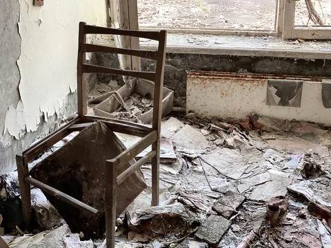 The interior of a building destroyed after hostilities, fires and accidents in Stock Photos