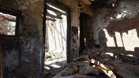 Interior of building destroyed by fire dolly forward Stock Footage 108941157