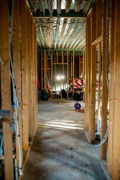 Interior of Building Under Construction with Exposed Wooden Framing Stock-Fotos