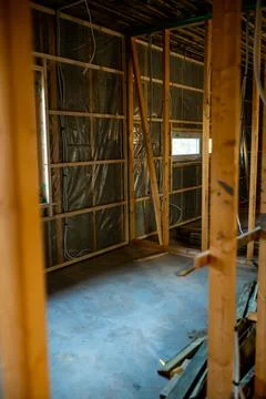 Interior of Building Under Construction with Exposed Wooden Framing Stock-Fotos