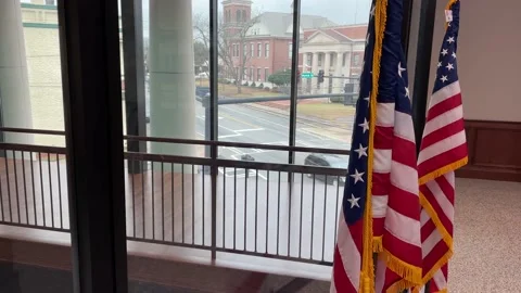 Interior Burke County Courthouse looking through a row of windows and traffic Stock Footage 148967670