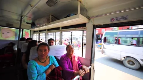Interior of bus with passengers to ancient newar city Bhaktapur. Nepal Stock Footage 69049938
