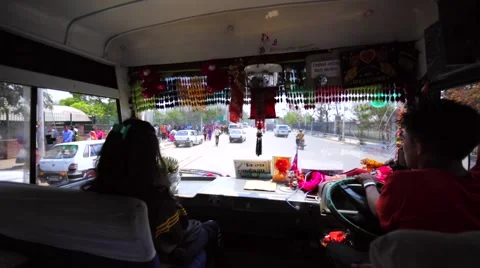 Interior of bus with passengers driving to ancient newar city Bhaktapur, Nepal Stock Footage 69049984