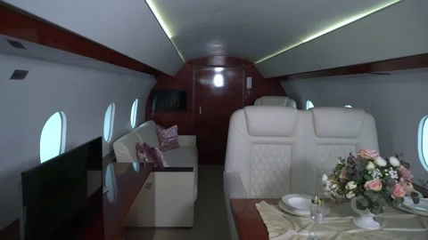 Interior cabin of private luxury vip jet. Inside of airplane plane Stock Footage