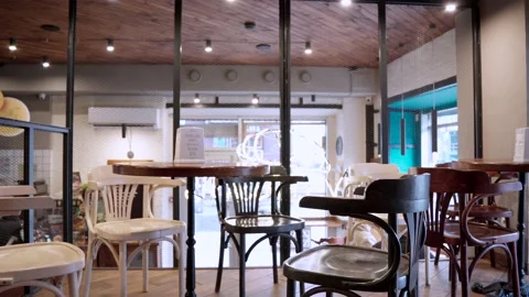 Interior cafe chairs windows and tables Video stock 232944286