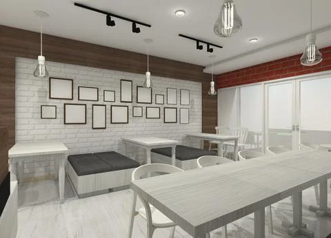 Interior Cafe Design with Set Dining Table and Wall Decoration Stock Illustration