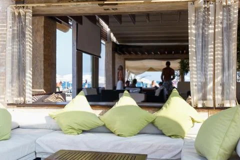 Interior of cafe-restaurant at the beach Stock Photos