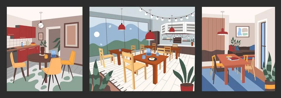 Interior cafeteria. Room for dinner. Kitchen with dining table and cooking cu イラスト素材