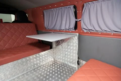 The interior of the car in the back of a van converted into a motor home for  Stock Photos