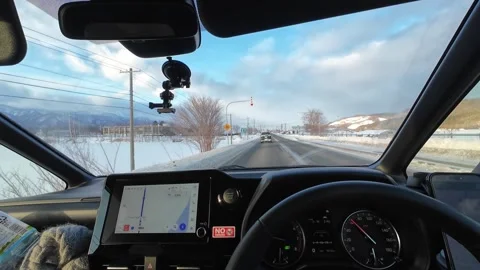 Interior Car POV Drive With GPS Navigation In Winter Hokkaido Japan Stock Footage 333702147