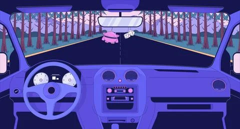 Interior car view driving through pine forest flat illustration background Stock Illustration