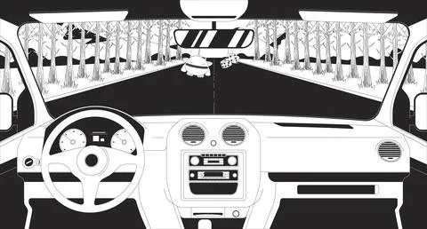 Interior car view driving through pine forest at dusk line illustration backdrop Stock Illustration