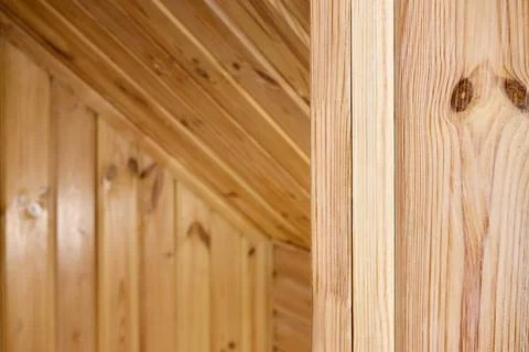 Interior carpentry closeup background. Softwood clapboard, batten, plank timber Stock Photos