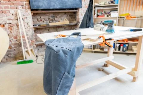 Interior Carpentry Workshop. Woodworking Workplace. Tree. Carpenter Stock Photos