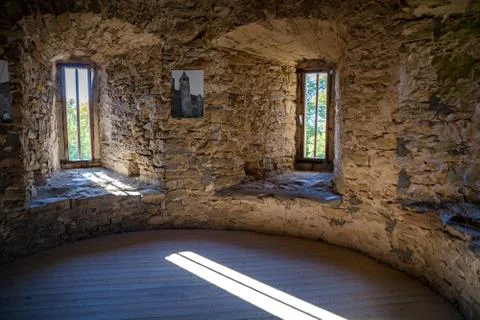 Interior of castle tower with bright windows, Haapsalu bishop castle, Estonia Stock Photos