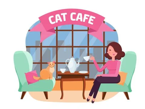 Interior of cat cafe with large window, woman and Kitty in comfortable armcha Illustrazione stock