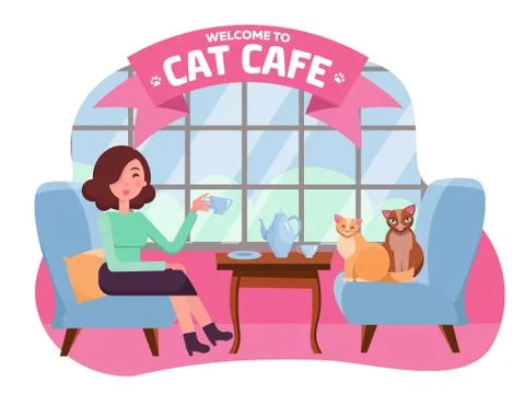 Interior of cat cafe with large window, woman and two Kitties in comfortable  Illustrazione stock