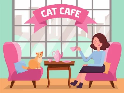 Interior of cat cafe with large window, woman and Kitty in comfortable arncha Illustrazione stock