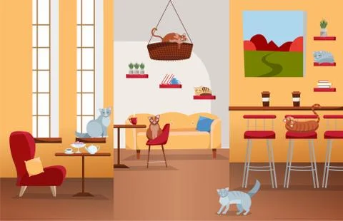 Interior of cat cafe with large windows, comfortable red chair, tables with t Illustrazione stock
