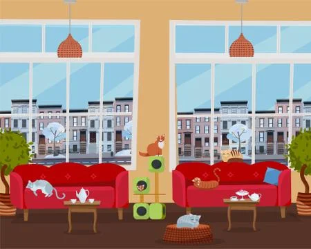 Interior of cat cafe with large windows, comfortable red sofas, tables with t Illustrazione stock