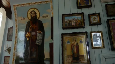 Interior of Cathedral Mgar Savior-Transfiguration Monastery Day of Mary's Icon Stock Footage 57998565