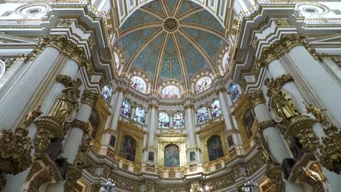 Interior Ceiling Pan Inside Historic Cathedral in Granada Spain Stock Footage 335942524